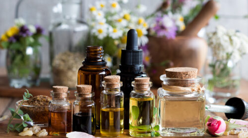 Many bottles of essential oils.