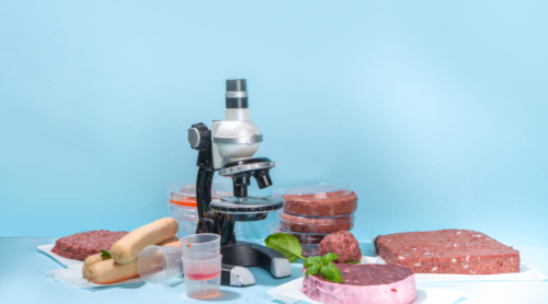 A microscope appears next to uncooked meats.