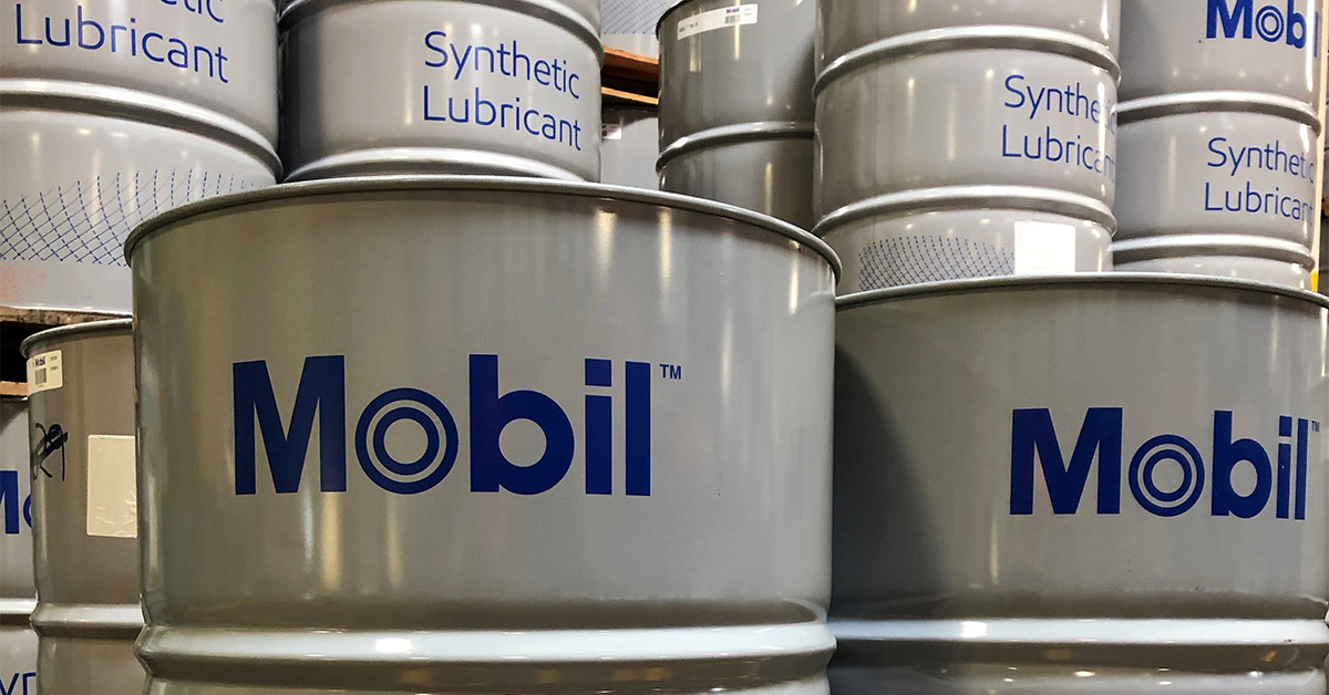 Drums of Mobil Synthetic Lubricant.