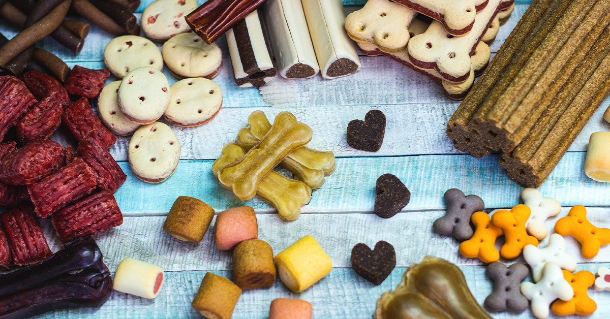 An array of dog food products arrayed on a wood panel surface.