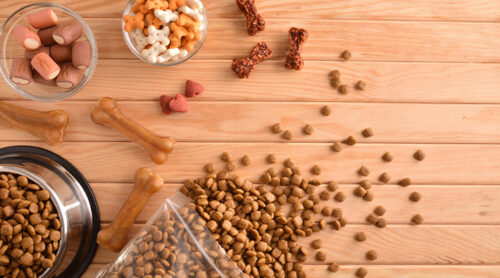 Pet food and pet treats arrayed on a wood table.