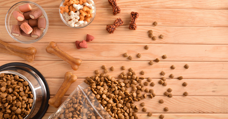 Pet food and pet treats arrayed on a wood table.