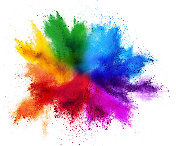 Red, yellow, green, blue and purple dye powders in a explosion shape. 