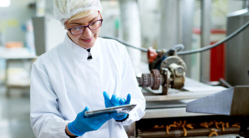 A food industry worker inspects product quality on the line.