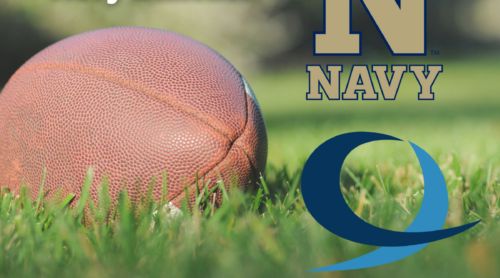 Graphic image with the Navy Athletics and Tilley Distribution logos next to a football.