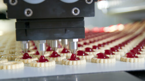 Baked goods near completion on a food industry production line.