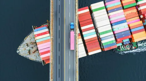 A large container ship cruises under a bridge.